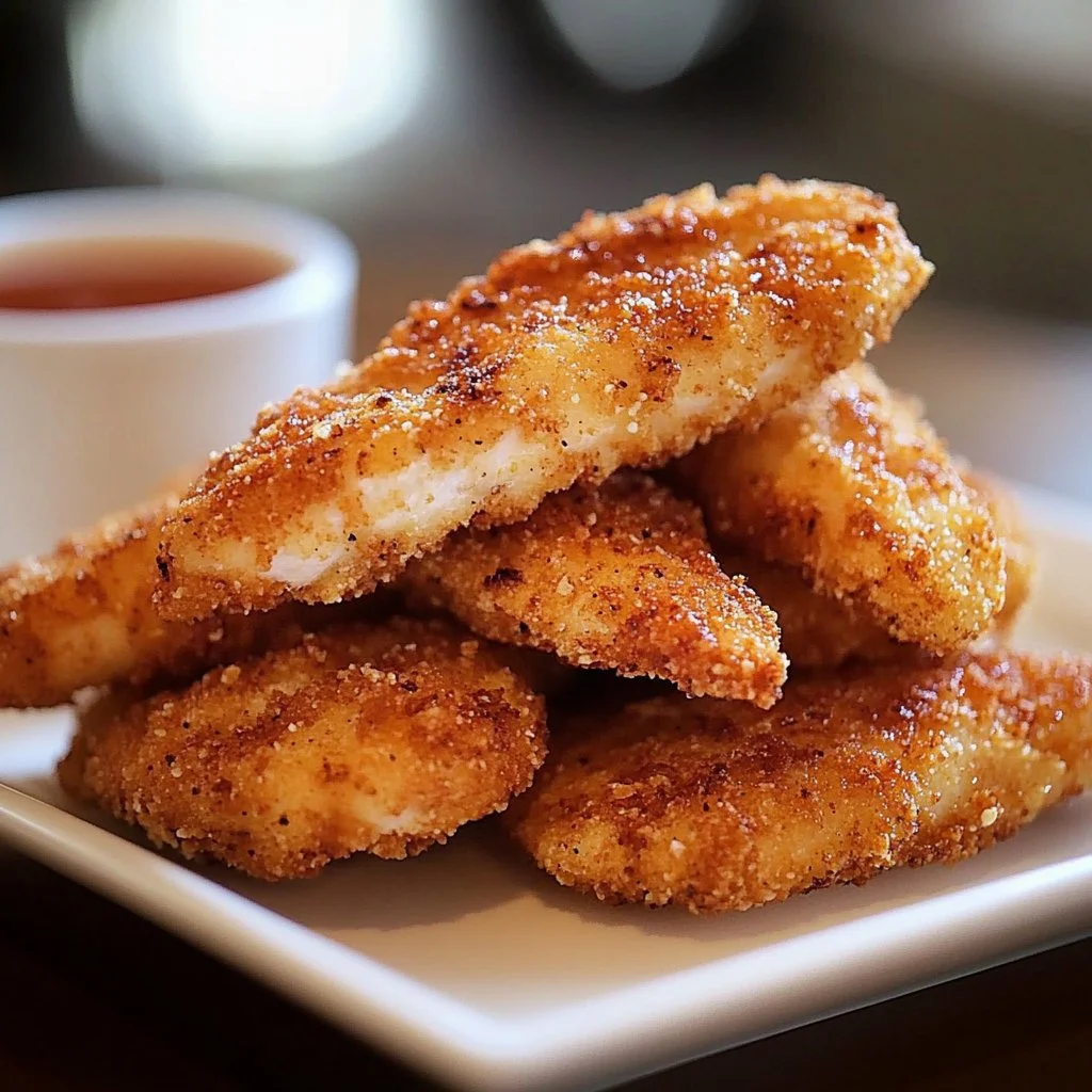Air fryer unbreaded chicken tenders served with dipping sauce