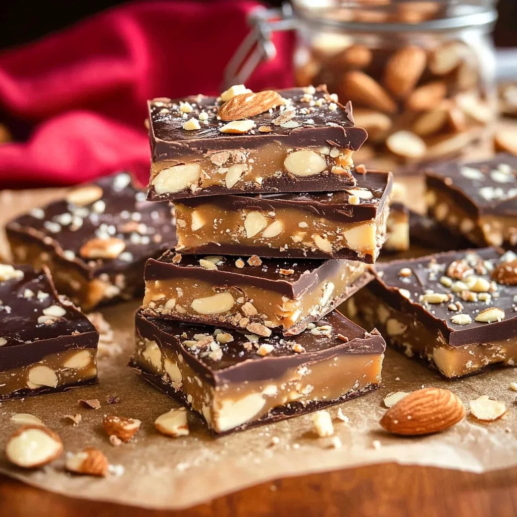 Delicious homemade almond toffee with crunchy almonds and golden toffee