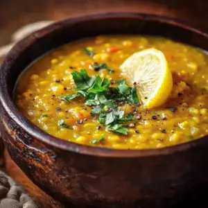 Bowl of anti-inflammatory lemon lentil soup garnished with fresh herbs
