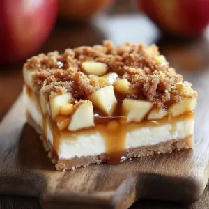 Apple caramel cheesecake bars topped with a rich caramel drizzle.