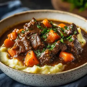 Bowl of Apple Cider Beef Stew with vegetables and herbs for autumn comfort food