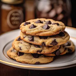 Delicious Baileys chocolate chip cookies served on a rustic wooden board.