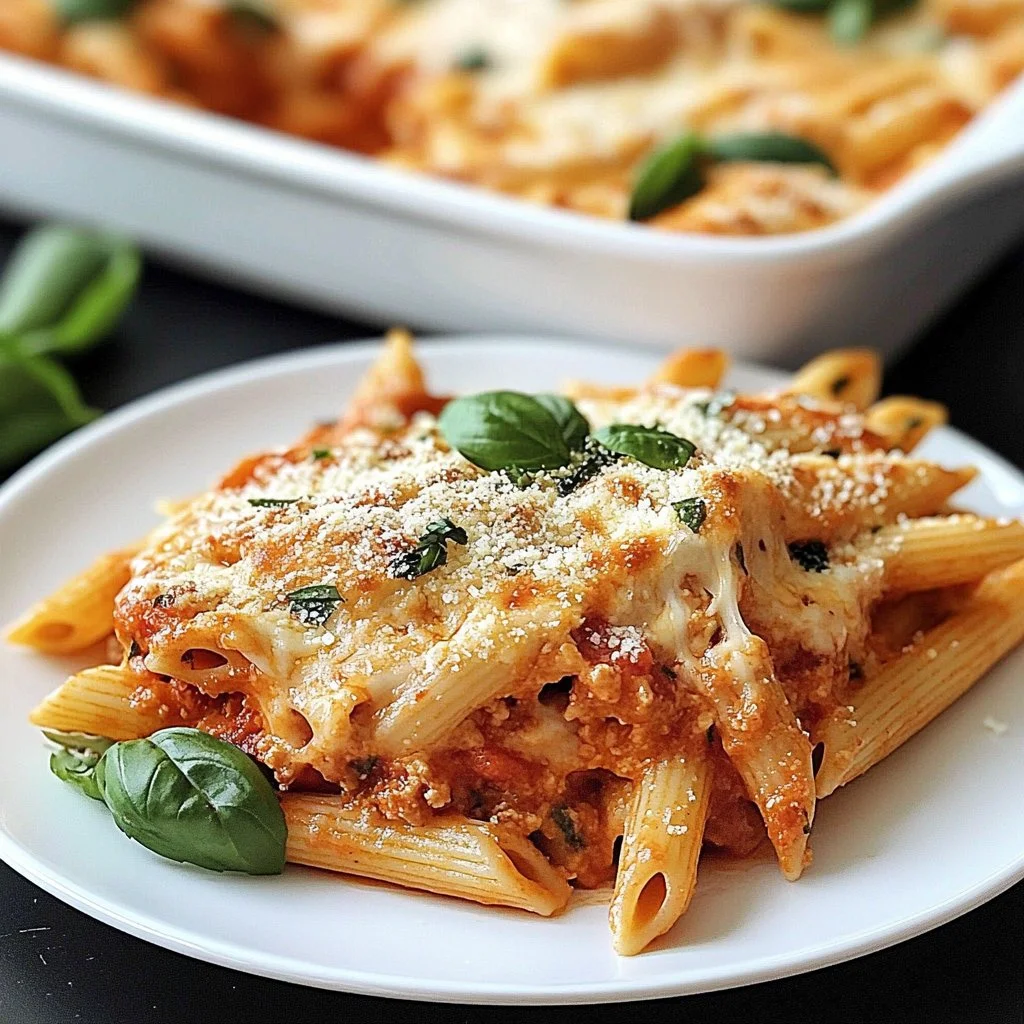 Baked pasta with chicken parmesan, fresh herbs, and melted cheese in a casserole dish.