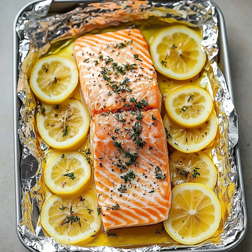 Deliciously baked salmon fillet with herbs and lemon on a white plate