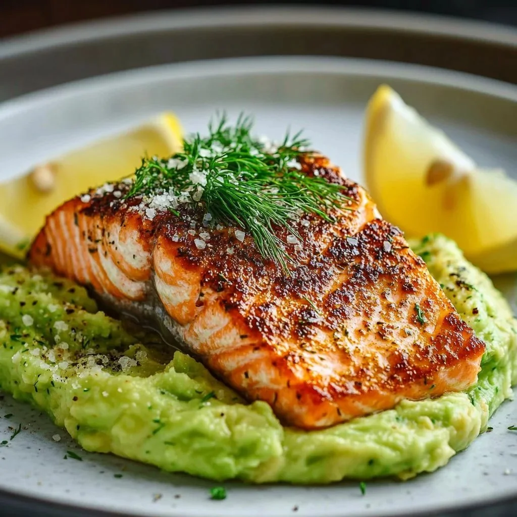 Baked salmon with avocado mash served on a plate