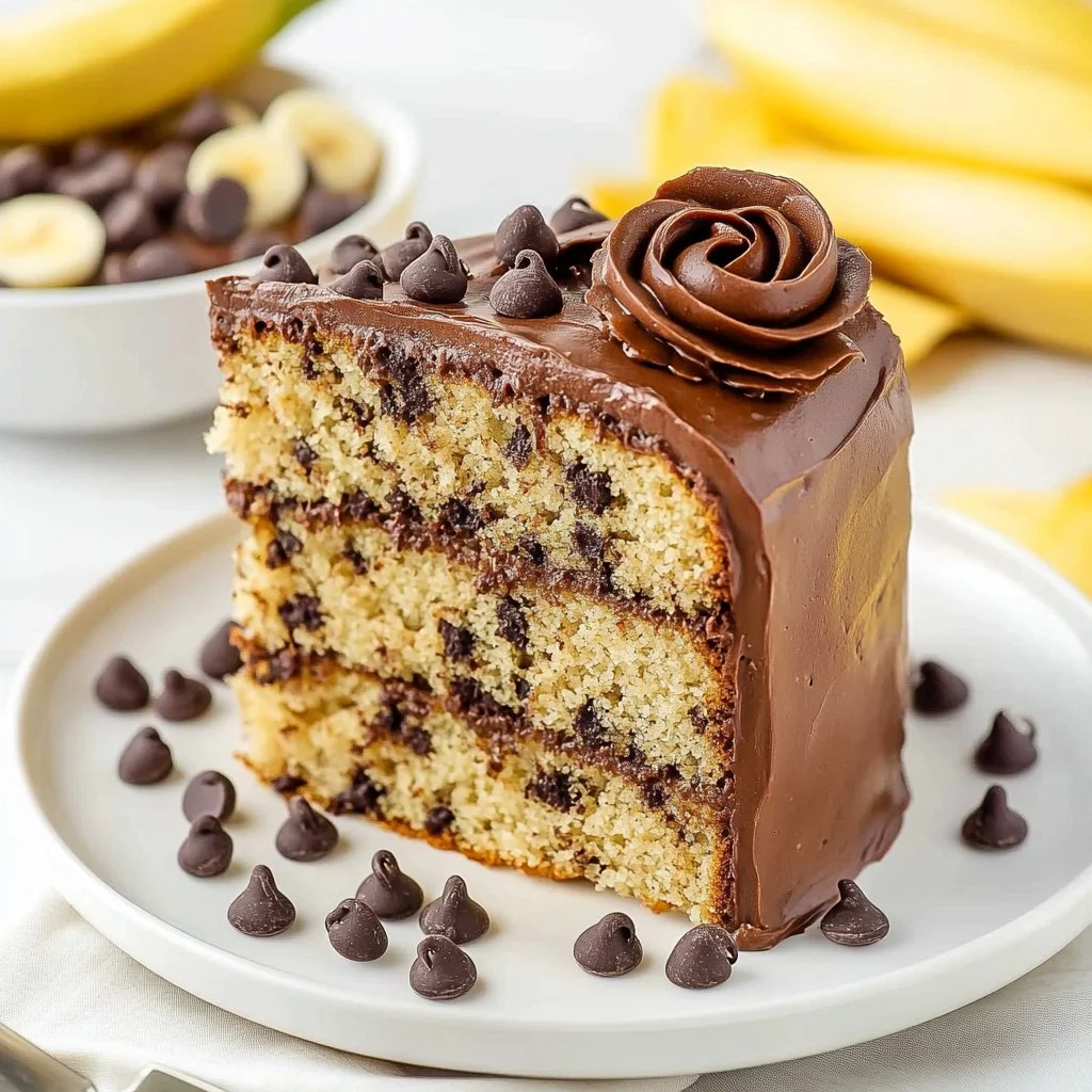 Delicious homemade banana cake with frosting and banana slices on top.