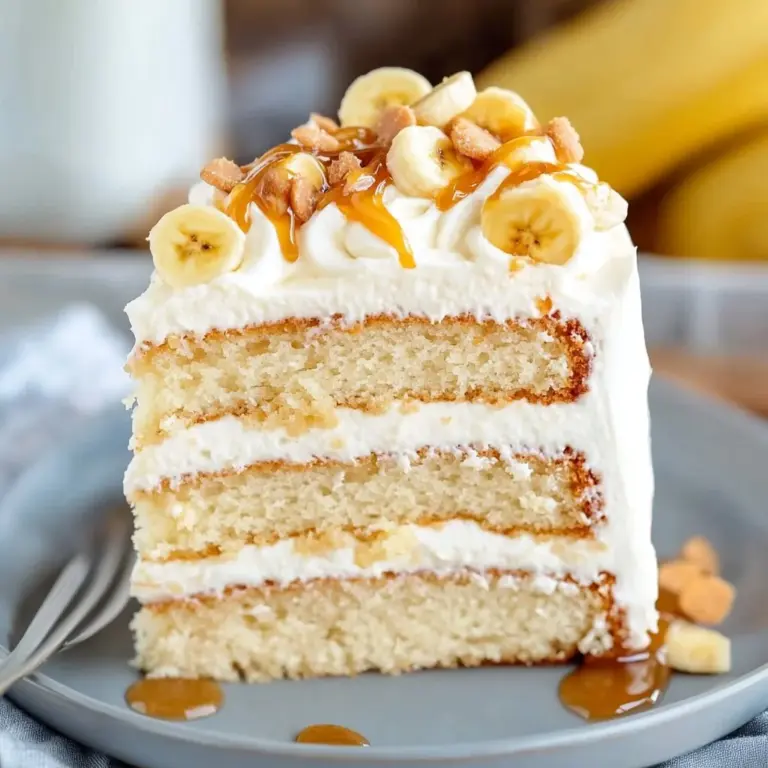 Delicious banana caramel layered dessert with fresh bananas and caramel sauce.