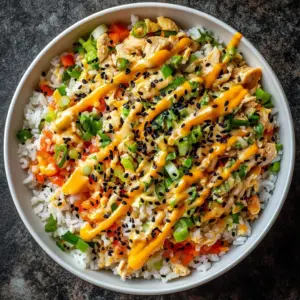 Bowl of Bang Bang Fried Rice with spicy creamy sauce and fresh vegetables