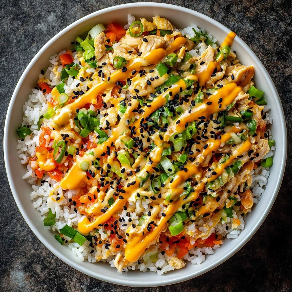 Bowl of Bang Bang Fried Rice with spicy creamy sauce and fresh vegetables