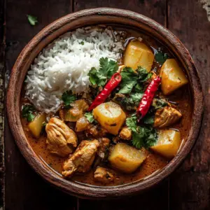 Bowl of delicious Massaman Curry with ingredients and spices