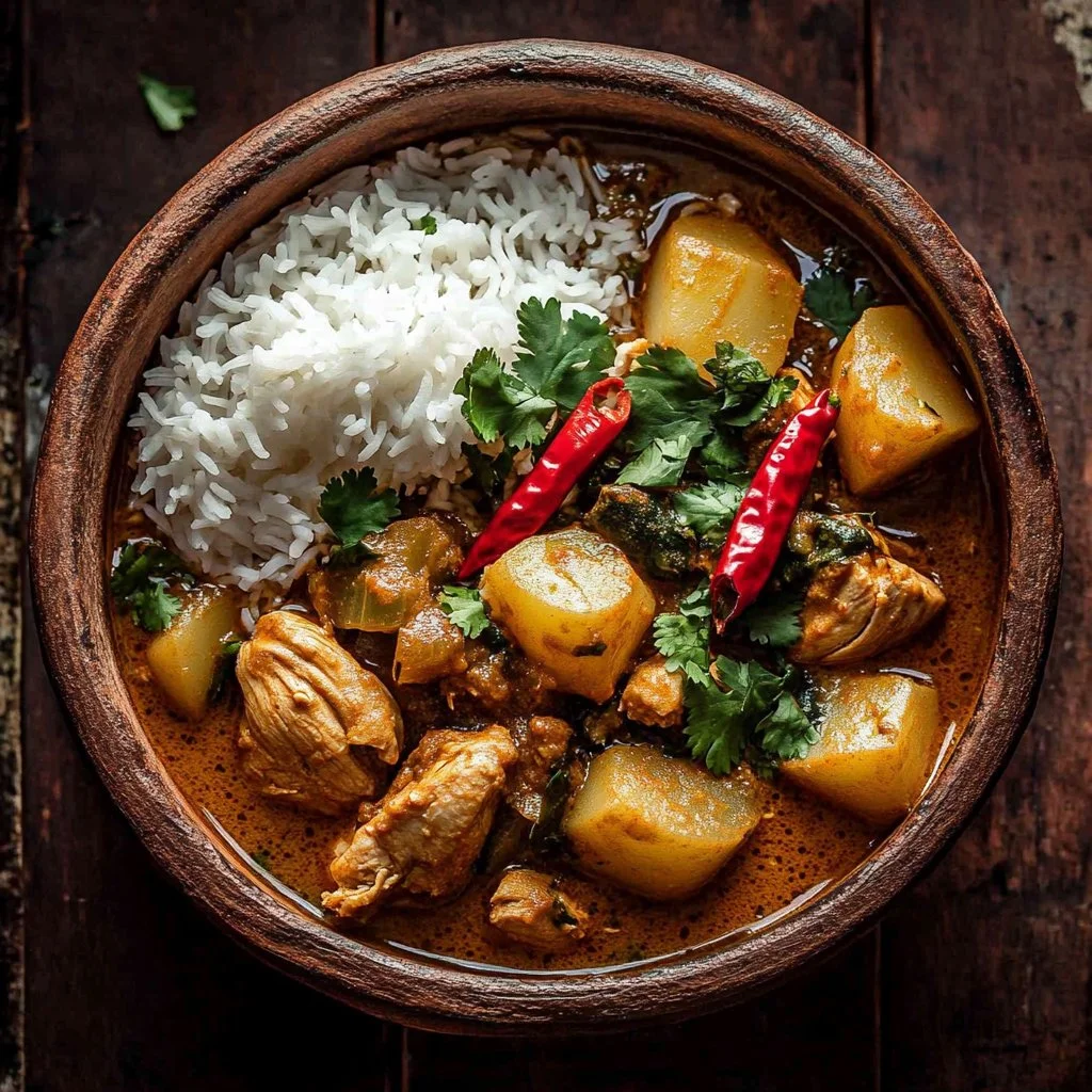 Bowl of delicious Massaman Curry with ingredients and spices