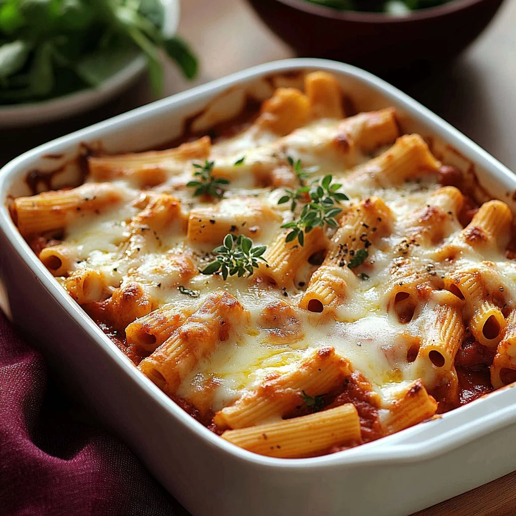 Delicious baked mostaccioli with cheese and pasta ready to be served.