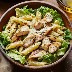Delicious Chicken Caesar Pasta Salad served in a bowl with fresh ingredients
