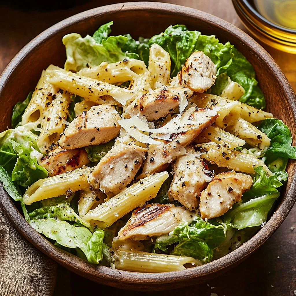 Delicious Chicken Caesar Pasta Salad served in a bowl with fresh ingredients