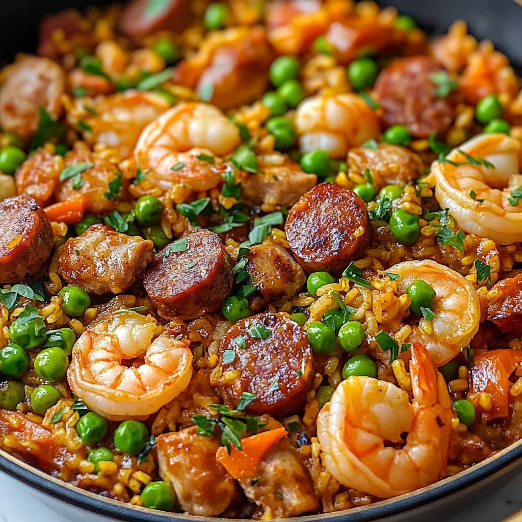 Delicious bowl of homemade jambalaya with shrimp, sausage, and rice