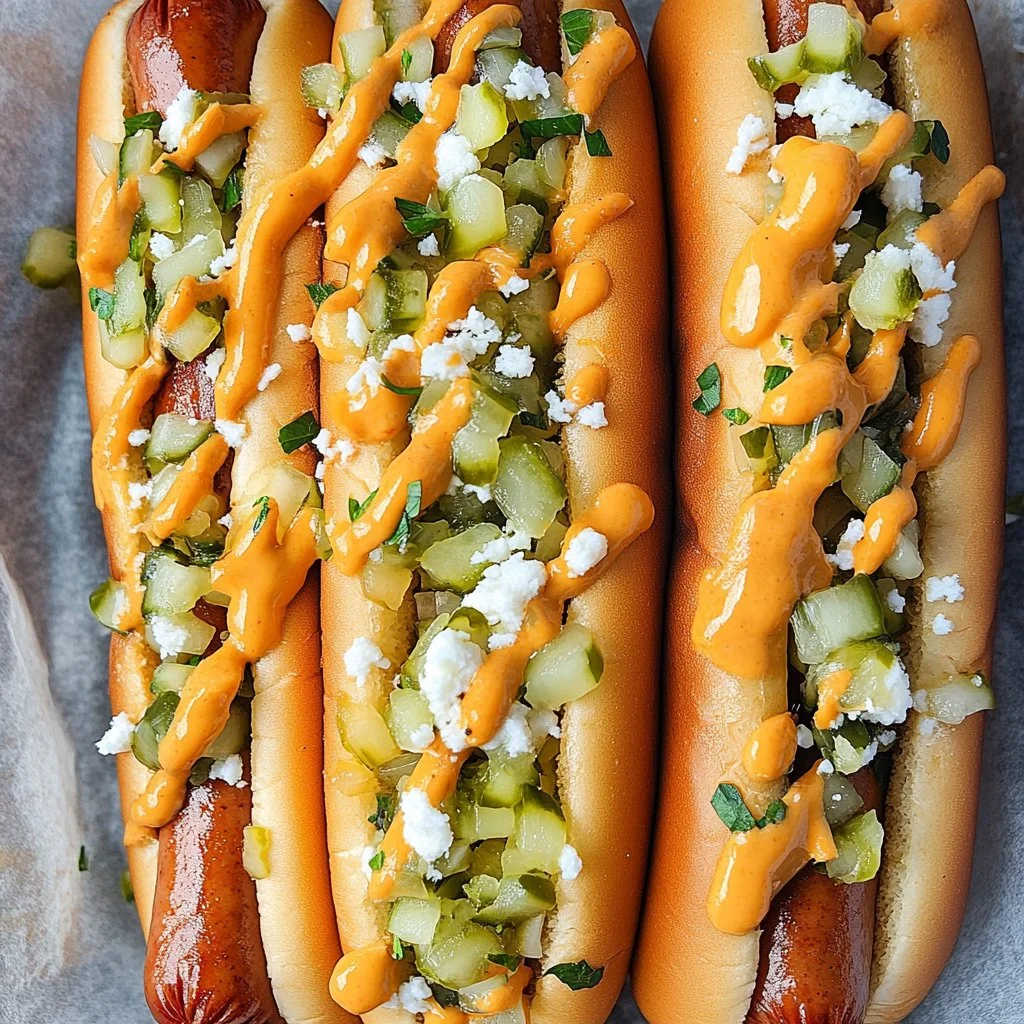 Big Mac-style hot dogs served on a plate with toppings