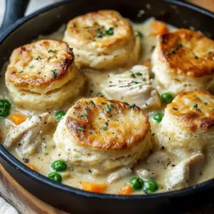 Delicious Chicken Pot Pie topped with flaky biscuits