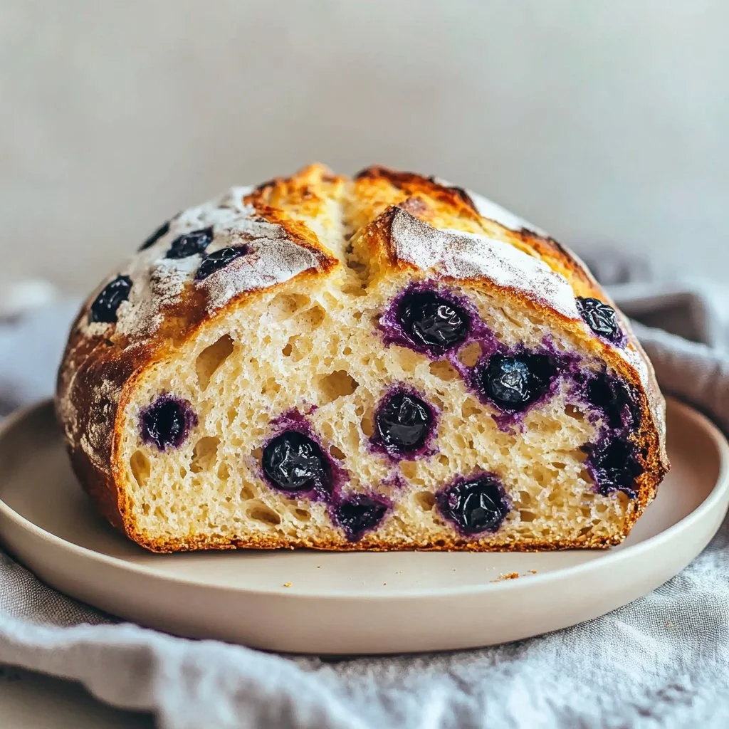 Freshly baked blueberry sourdough loaf with golden crust and fruity filling