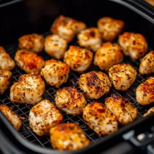 Crispy boneless chicken bites cooked in an air fryer, garnished and ready to serve.