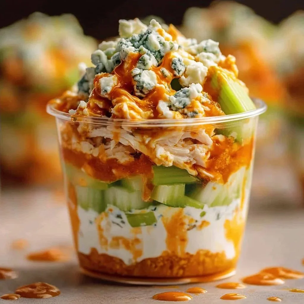Buffalo Chicken Dip Parfait Cups served in clear glasses with toppings