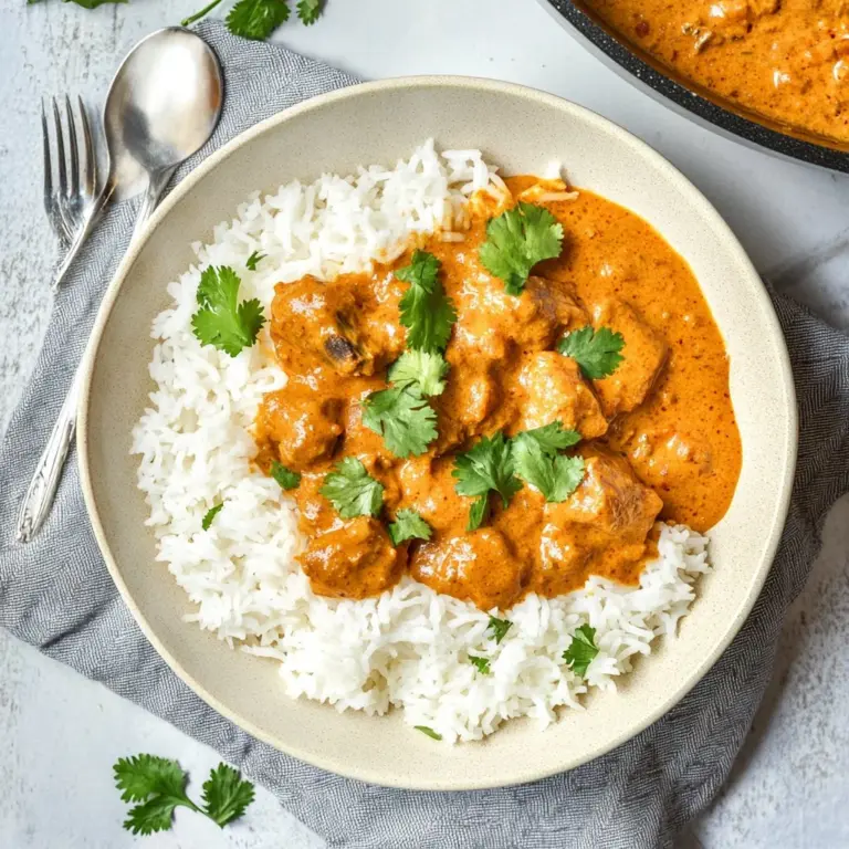 Delicious plate of traditional butter chicken with rice and naan.