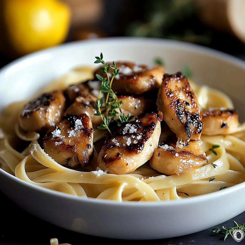 Delicious Buttered Chicken Noodles with creamy sauce and garnished herbs.