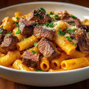 Delicious Cajun Steak Pasta served with spices and fresh ingredients