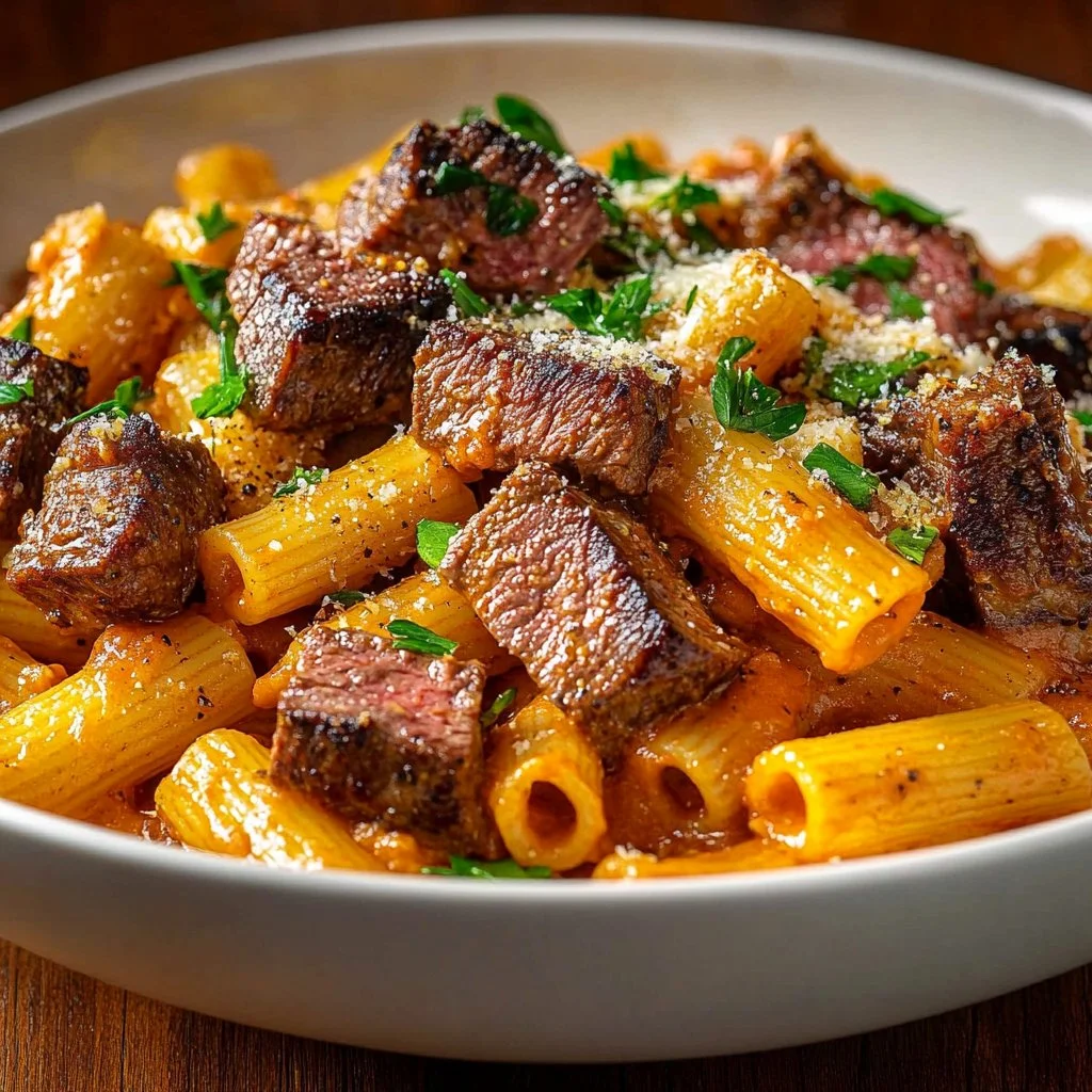 Delicious Cajun Steak Pasta served with spices and fresh ingredients