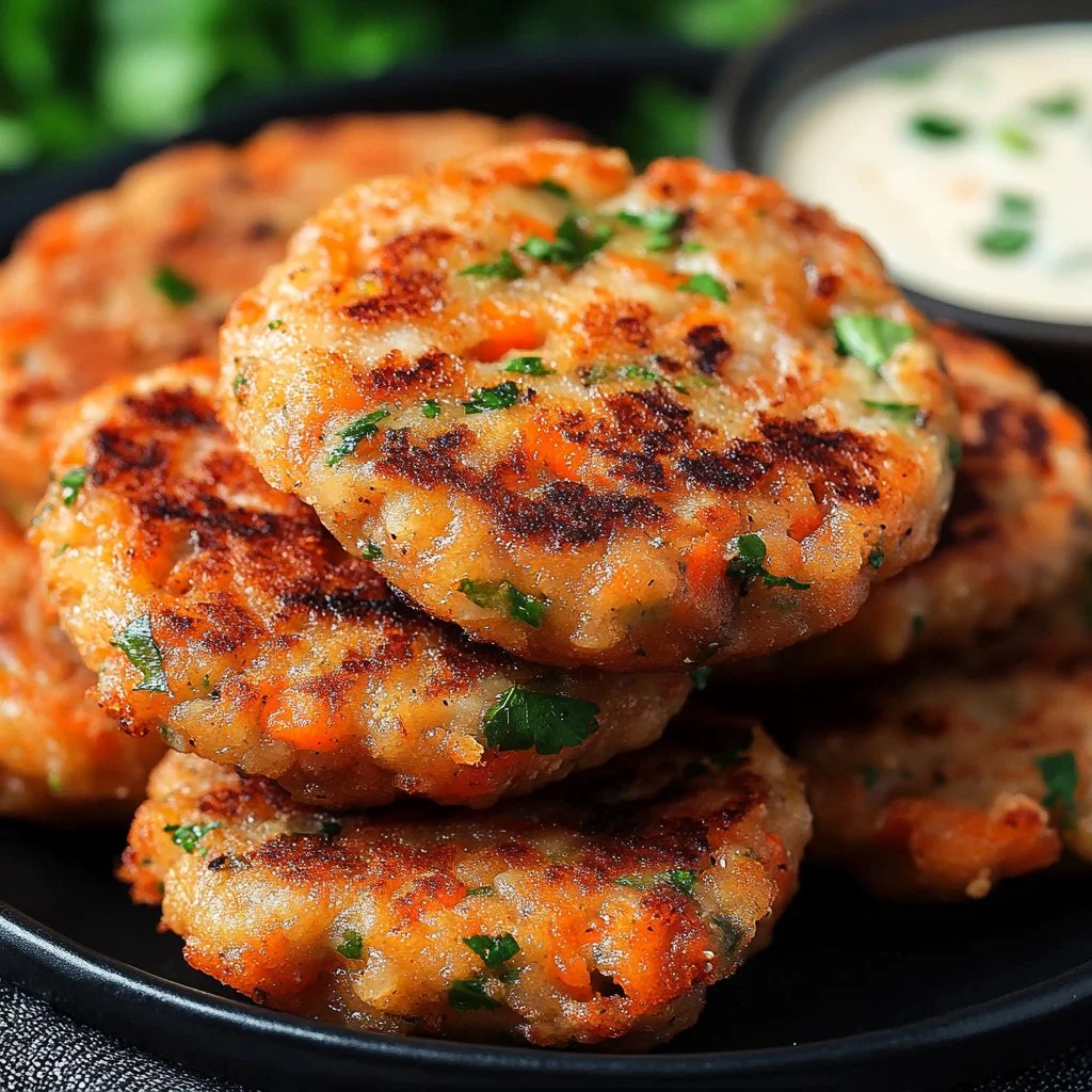 Plate of golden-brown canned salmon patties served with dipping sauce