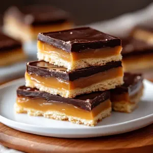 Delicious caramel chocolate shortbread bars on a white plate