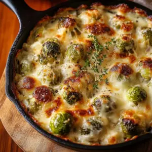 Cheesy Brussels sprouts casserole topped with melted cheese and golden breadcrumbs