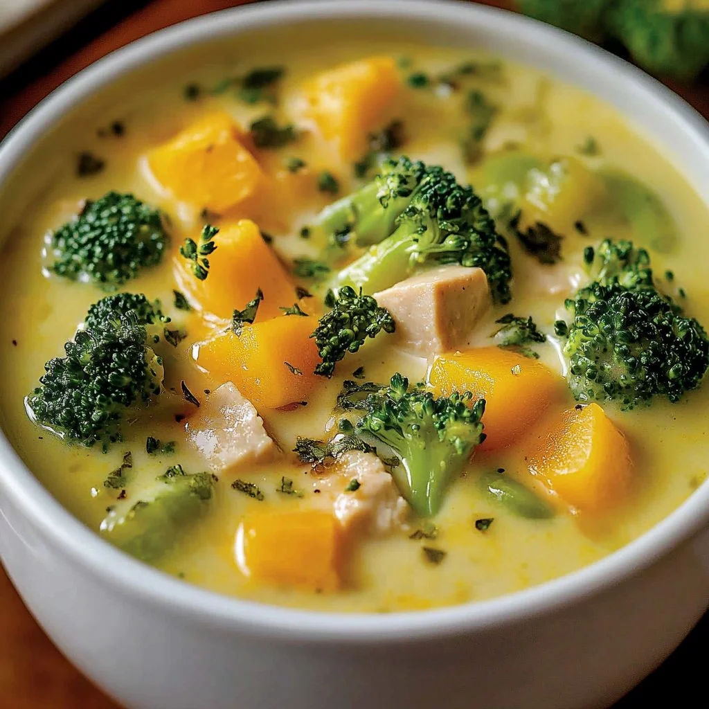 Bowl of cheesy chicken broccoli soup garnished with fresh herbs