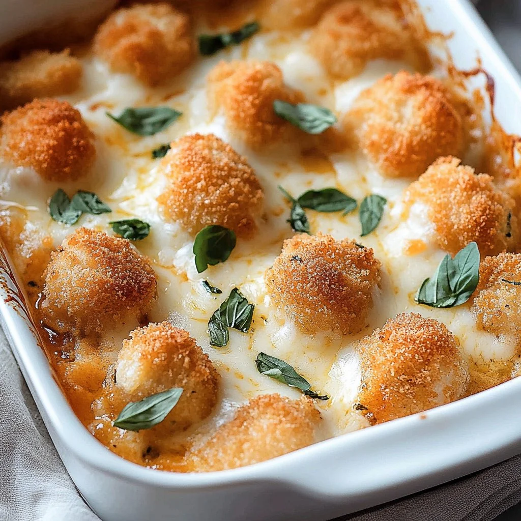 Cheesy chicken nugget casserole served in a baking dish