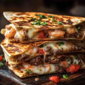 Cheesy Creole Steak and Shrimp dish served with aromatic spices and cheese
