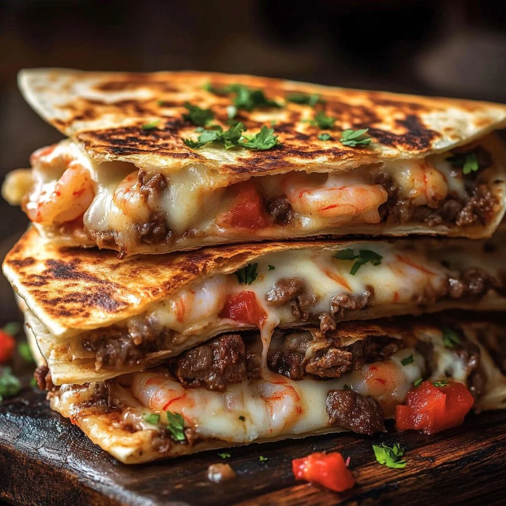 Cheesy Creole Steak and Shrimp dish served with aromatic spices and cheese