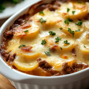 Delicious cheesy hamburger and potato bake served hot in a casserole dish