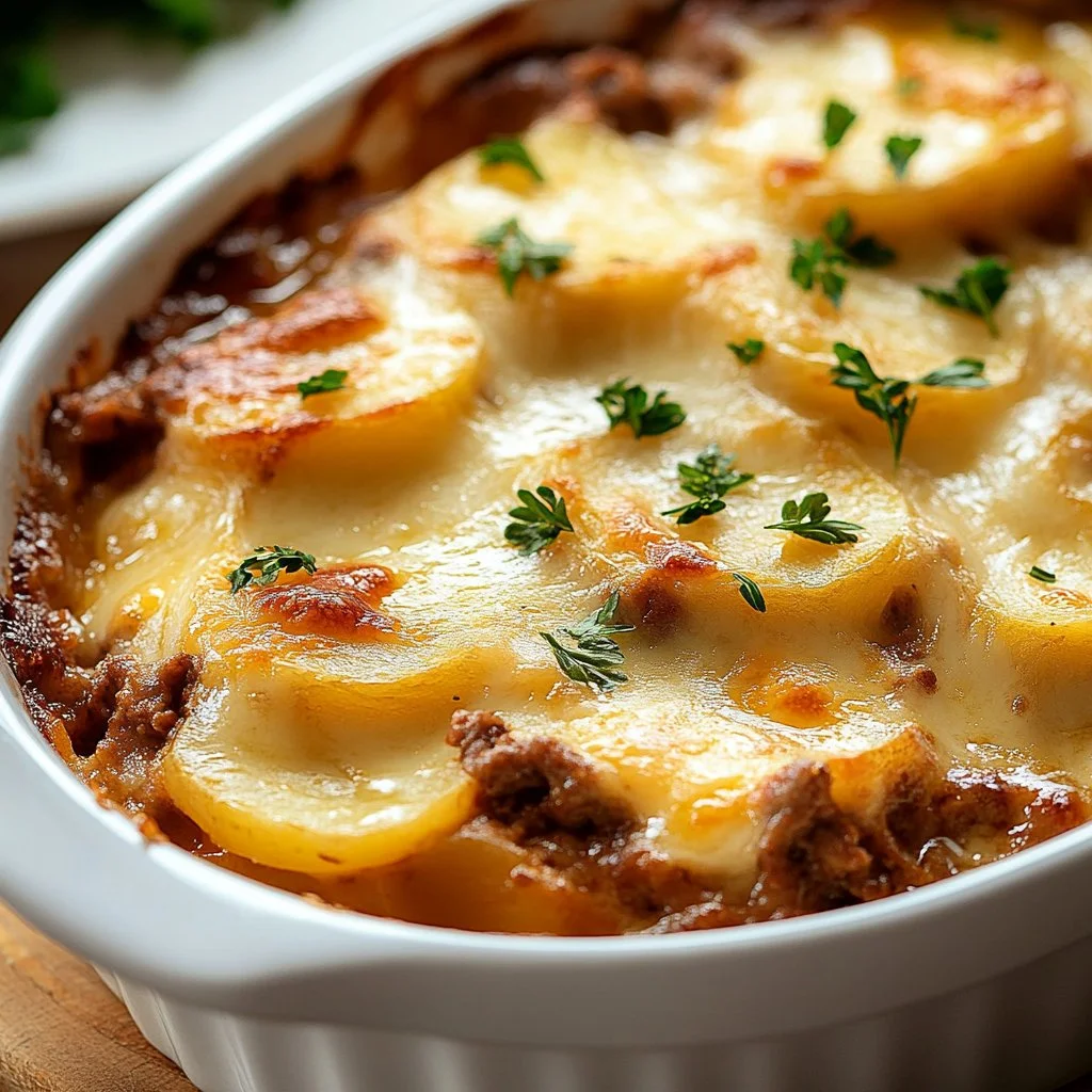 Delicious cheesy hamburger and potato bake served hot in a casserole dish