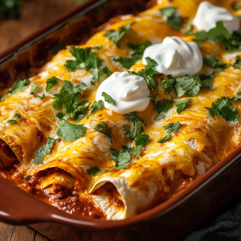 Cheesy high-protein chicken enchiladas served on a plate with toppings