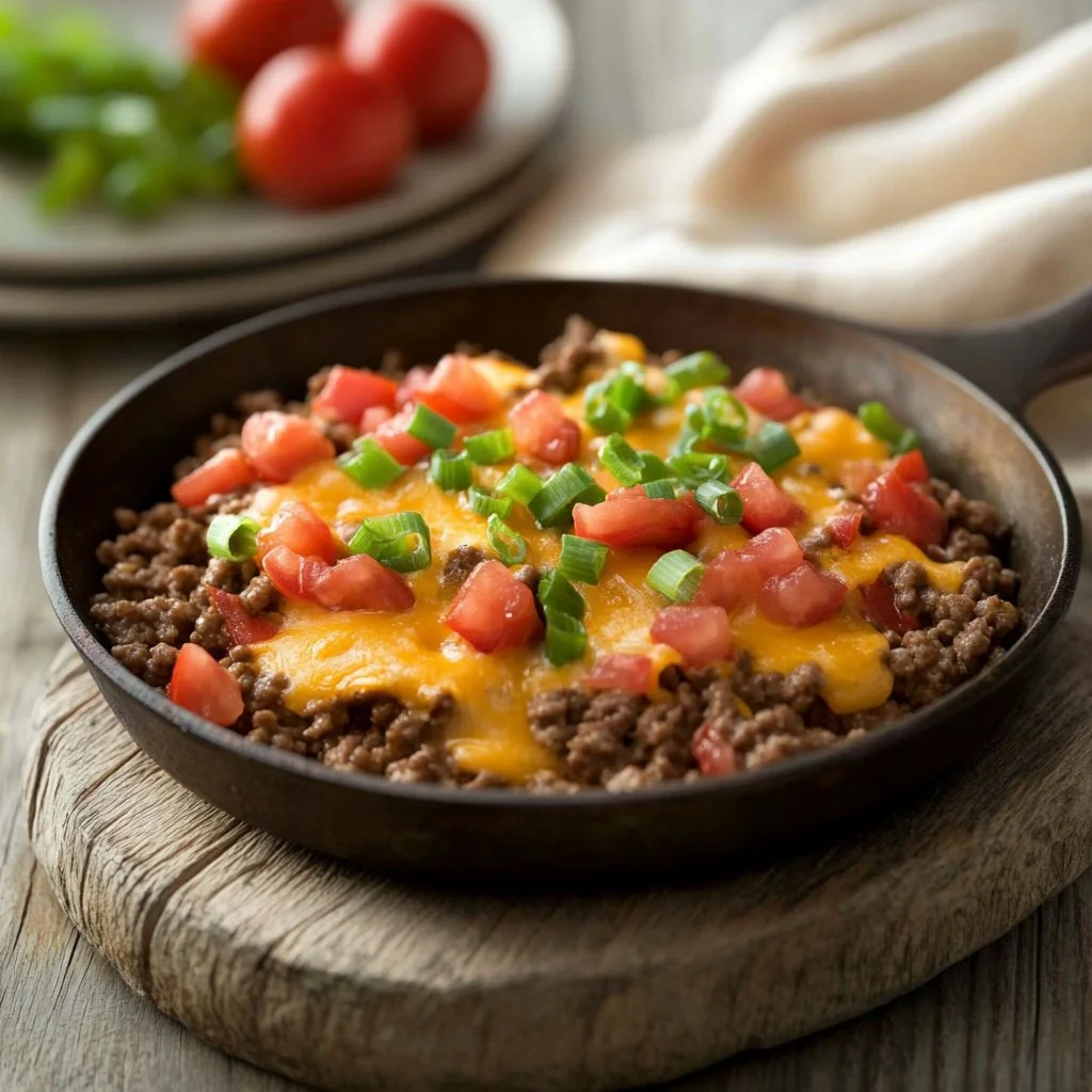 Cheesy keto beef casserole dish topped with melted cheese and herbs.