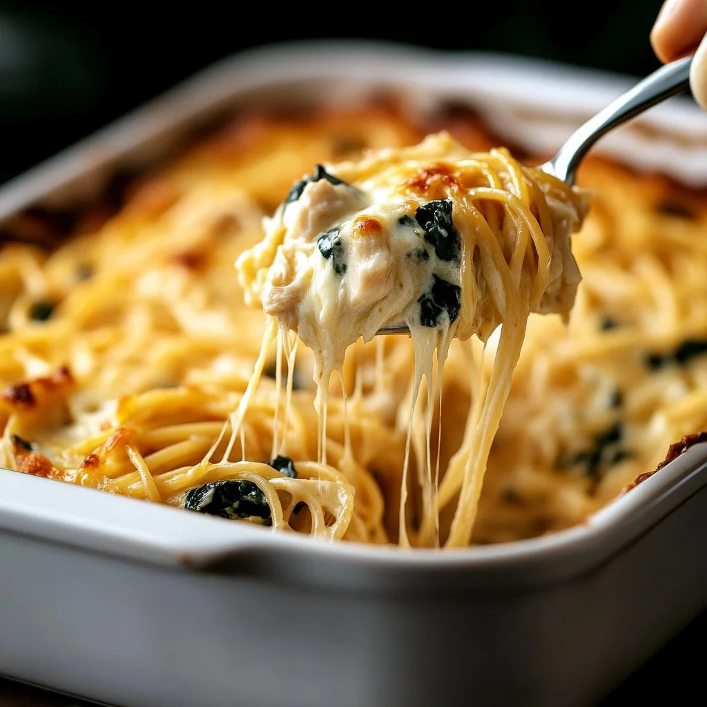 Cheesy Monterey Chicken Spaghetti Bake in a casserole dish