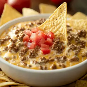 Cheesy Rotel dip with ground beef served in a bowl with tortilla chips