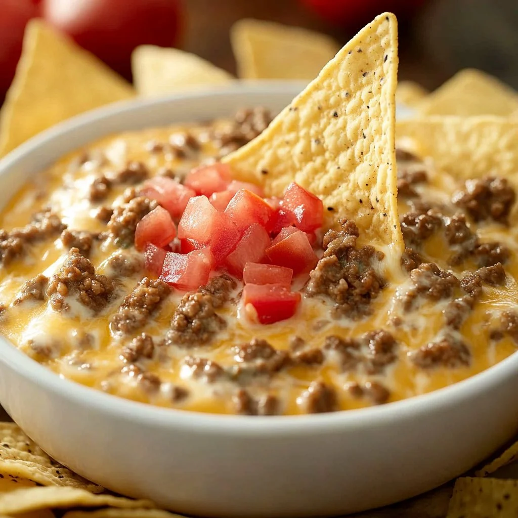 Cheesy Rotel dip with ground beef served in a bowl with tortilla chips