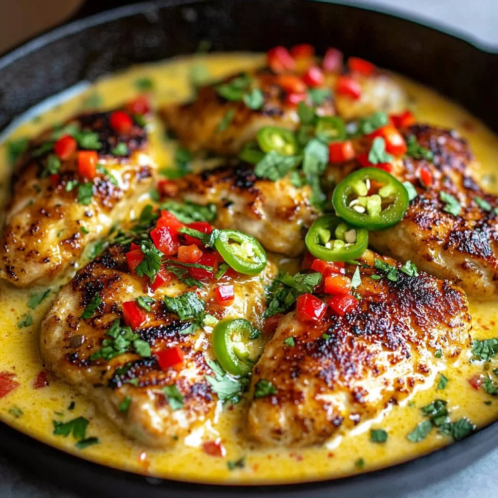 Delicious Cheesy Skillet Mexican Chicken served in a skillet with cheese and spices