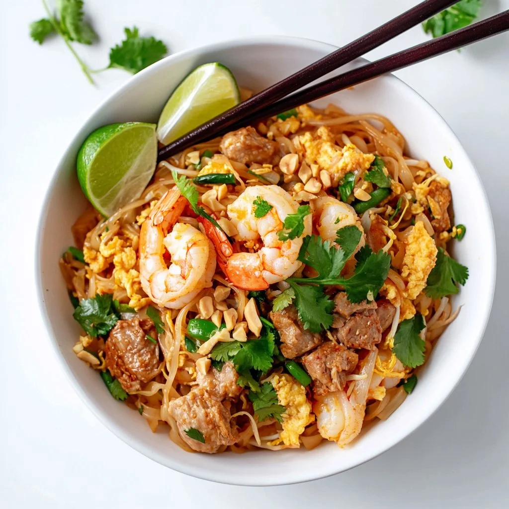 Delicious Chicken and Shrimp Pad Thai with garnishes and lime