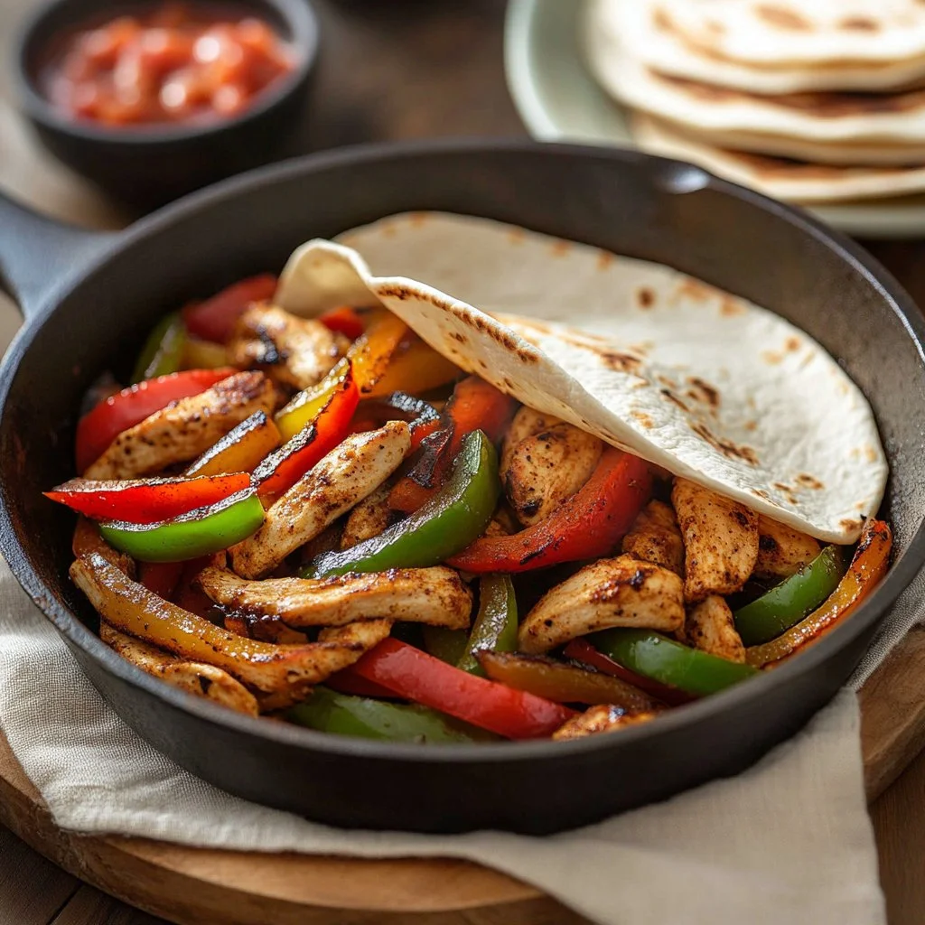 Delicious chicken fajitas served with colorful peppers and tortillas