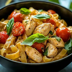 Plate of chicken pasta with fresh tomatoes and herbs