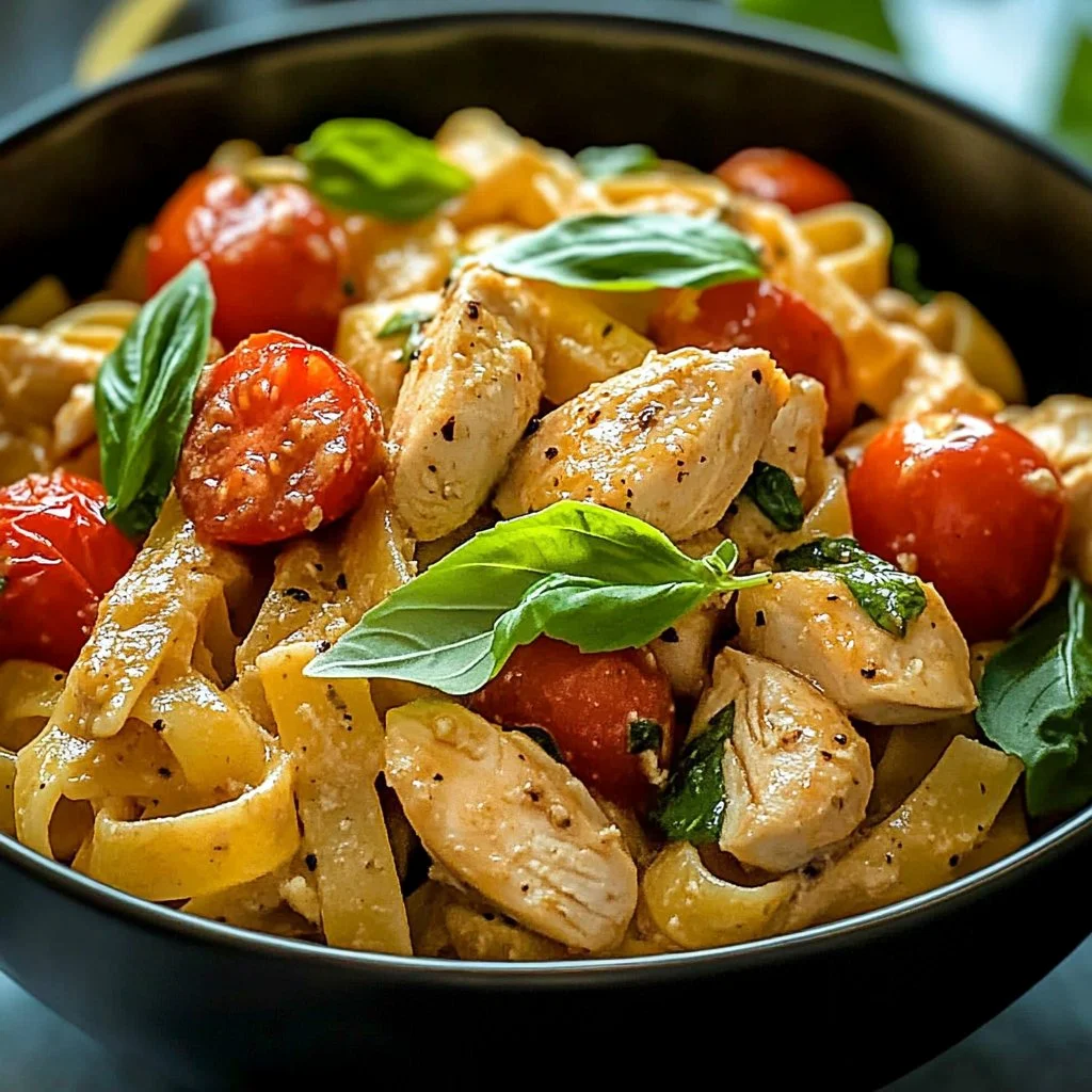 Plate of chicken pasta with fresh tomatoes and herbs