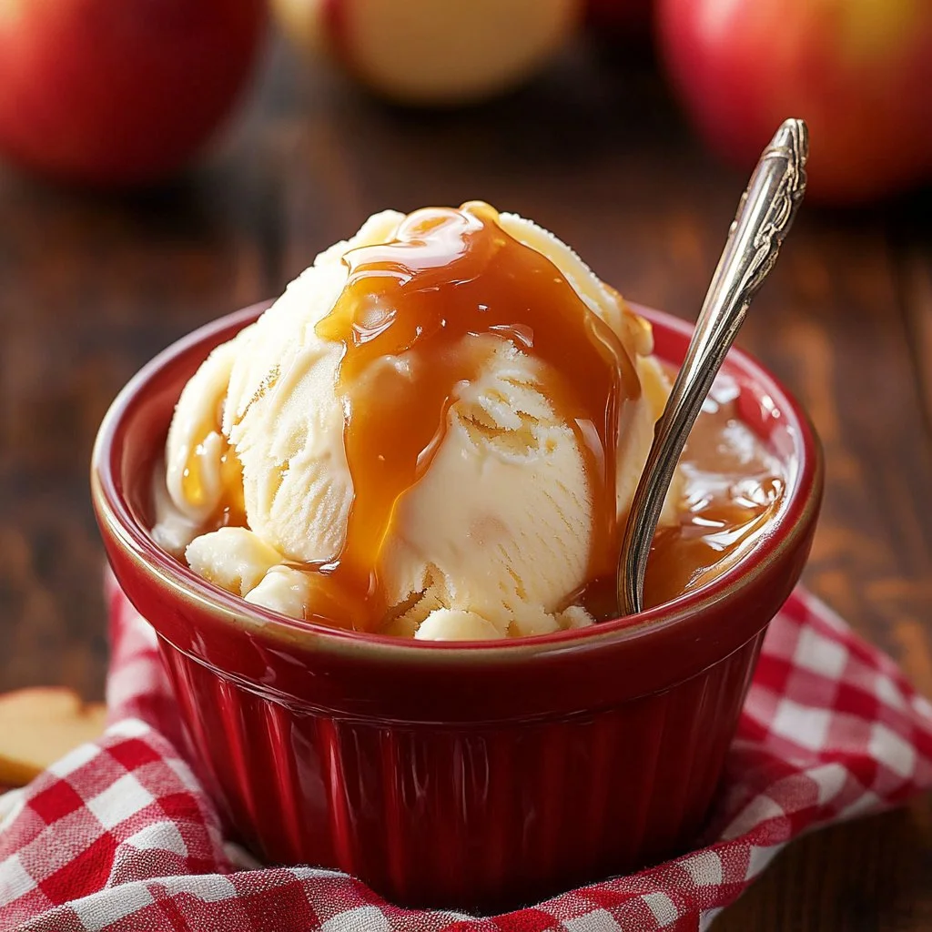 Delicious cider apple ice cream served in a bowl with a spoon, showcasing its creamy texture.