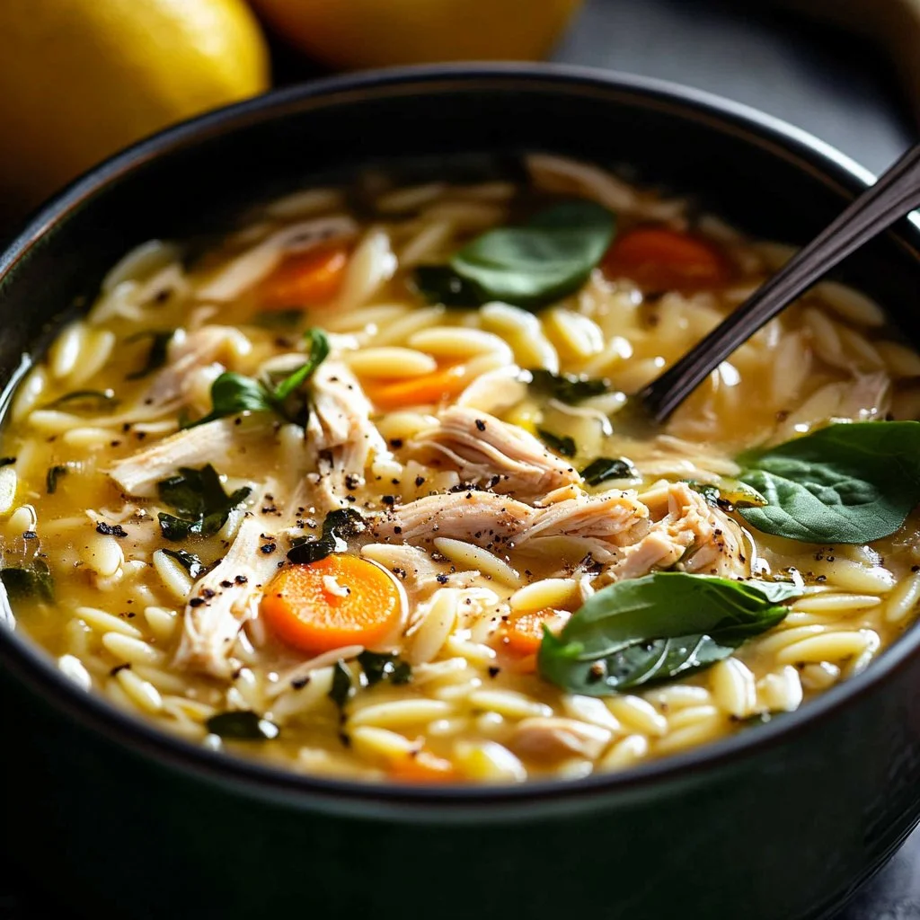 Citrus Chicken Orzo Soup garnished with fresh herbs and citrus slices