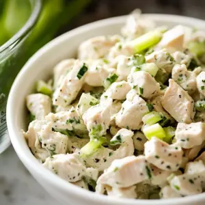 Delicious classic creamy chicken salad served in a bowl